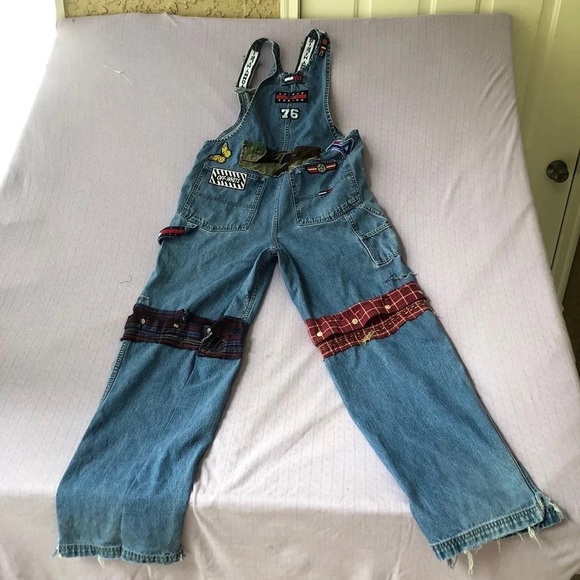 Tommy Jean Overalls 90s Vintage Rework Hilfiger Convertible Spell Out Patches S - Picture 12 of 12